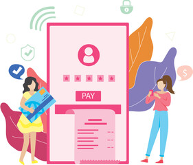 Mobile banking, online payment, money transfers. Woman make online transaction using money transfer in app. Website illustration