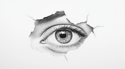 A watchful eye peering through a torn paper