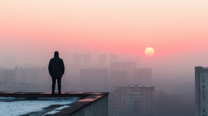Fototapeta premium PM2.5 protect concept. Solitary figure overlooking a misty urban skyline at sunrise or sunset