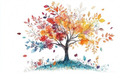 Fototapeta premium drawing of an autumn tree with colorful leaves and plant life set against a bright white backdrop