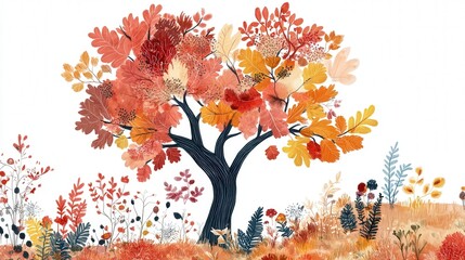 Fototapeta premium drawing of an autumn tree with colorful leaves and plant life set against a bright white backdrop