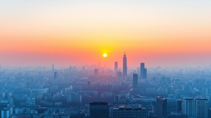 Fototapeta premium PM2.5 protect concept. Sunset over a metropolitan city skyline with hazy smoggy air obscuring the urban landscape view