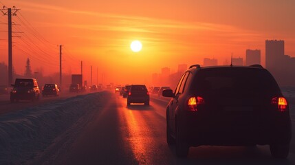 PM2.5 protect concept. Sunset Gridlock Commuters Navigating Congested Urban Traffic in Glowing Cityscape