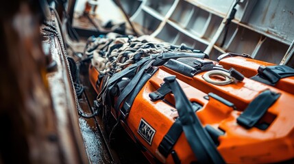 Fototapeta premium Orange Rescue Board on Boat Deck with Safety Straps and Equipment
