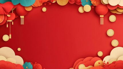 Obraz premium Vibrant Red Background with Colorful Paper Decorations and Lanterns for Festive Celebrations