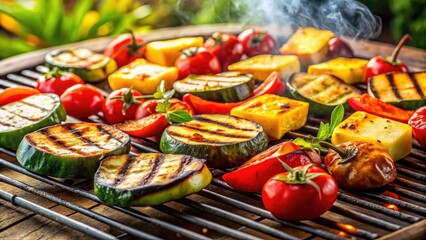 Grilled Vegetables and Halloumi Cheese on a Grill Rack: A Colorful Culinary Delight for Summer BBQs and Healthy Eating