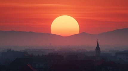 Fototapeta premium PM2.5 protect concept. Vibrant Sunset Over Misty City Skyline with Majestic Mountains in the Distance