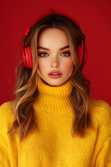 Woman Listening To Music in Red Neon Light