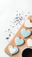 Obraz premium Sweet Lavender Infused Heart-Shaped Cookies on Wooden Board with Dark Coffee and Lavender Sprigs