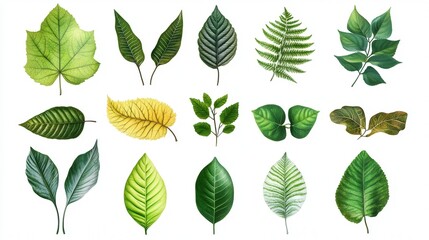 various tree leaves, each showcasing unique shapes and textures against a pure white backdrop