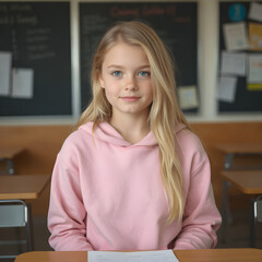 Una chica de mirada tranquila, sentada en el aula con una sudadera rosa.