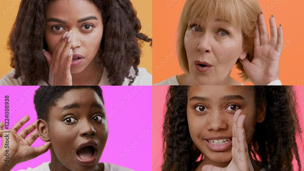 Poster a collection of diverse individuals showcasing happiness through gestures and facial expressions. ea
