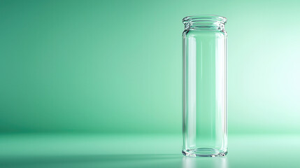 clear glass laboratory test tube stands upright against soft green background, showcasing its sleek design and transparency