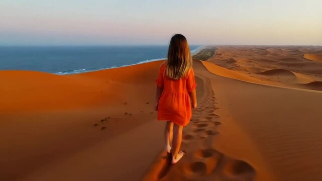 Young beautiful girl in orange linen safari dress walking along sandy dunes in scenic vast desert at ocean coast. 4K Slow Motion aerial back view of traveler hiking barefoot by desert at golden sunset
