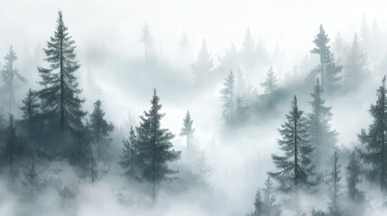 misty evergreen forest landscape, capturing the serenity of the trees and the fog that drifts among them