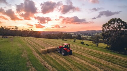 Fototapeta premium Red Tractor Harvesting Hay at Sunset in a Scenic Farm Landscape