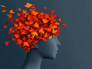 Abstract art representation of thoughts and ideas with colorful shapes forming hair on a serene silhouette against a dark background