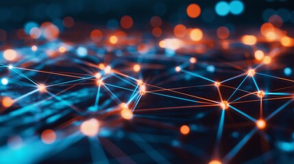 Global business network with glowing nodes and lines, symbolizing modern corporate connectivity and innovation.