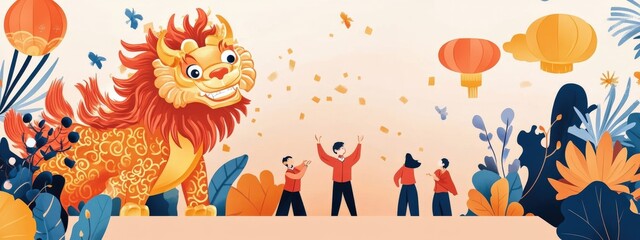 Obraz premium Colorful Lion Dance Celebration with People, Lanterns, and Decorative Elements in Vibrant Illustrative Style