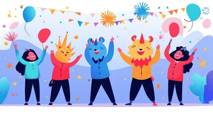 Fototapeta premium Colorful Cartoon Characters Celebrating with Balloons and Confetti at a Festive Outdoor Party Scene