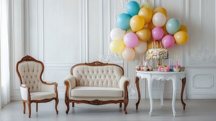 birthday table complete with cheerful balloons and elegant furniture, emphasizing the fun and celebration of a birthday