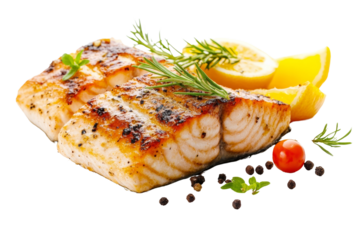 Delicious grilled salmon fillet garnished with herbs and served with fresh lemon slices and cherry tomatoes, perfect for culinary presentations.