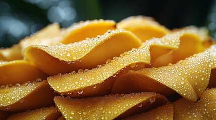 This image showcases a vibrant pile of ripe yellow bananas, glistening with water droplets that enhance their freshness and appeal.