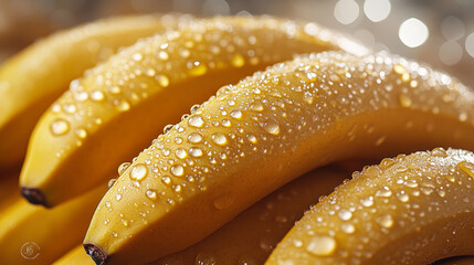 This image showcases a vibrant pile of ripe yellow bananas, glistening with water droplets that enhance their freshness and appeal.