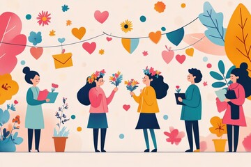 Fototapeta premium Cheerful Group of Friends Celebrating Special Occasion with Flowers and Festive Decorations in Colorful Environment