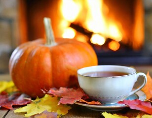 Warm Cup of Tea, Pumpkin, and Autumn Leaves on Wooden Table with Burning Fireplace in Background: Cozy Autumn Still Life for Thanksgiving and Halloween