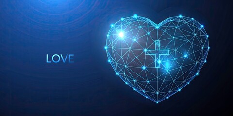 Fototapeta premium Low Poly Wireframe Heart with Addition Symbol on Dark Blue Background, Isolated Design for Love, Growth, and Positivity with Clean Copy Space for Creative Use