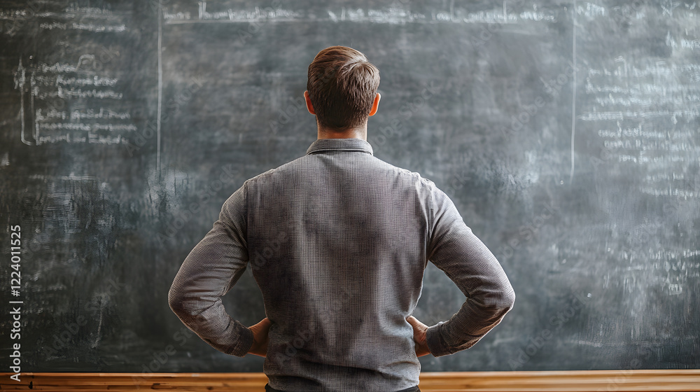 Poster Rear view of man contemplating in front of blackboard with thoughtful expression in classroom setting : Generative AI
