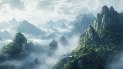 Naklejka premium serene mountain scene, with mist flowing gently over the towering peaks, creating a peaceful and ethereal atmosphere