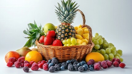 pineapple in a fruit basket, surrounded by various fresh fruits, symbolizing a healthy and appetizing tropical food assortment