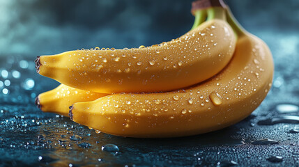 This image showcases a vibrant pile of ripe yellow bananas, glistening with water droplets that enhance their freshness and appeal.