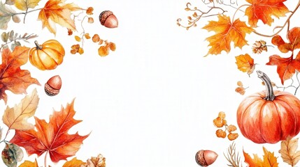 set of watercolor autumn PNG elements cut out, featuring vibrant leaves, pumpkins, and acorns for seasonal designs