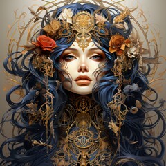 Majestic Goddess with Ornate Golden Ornaments and Flowing Blue Hair By Generated AI