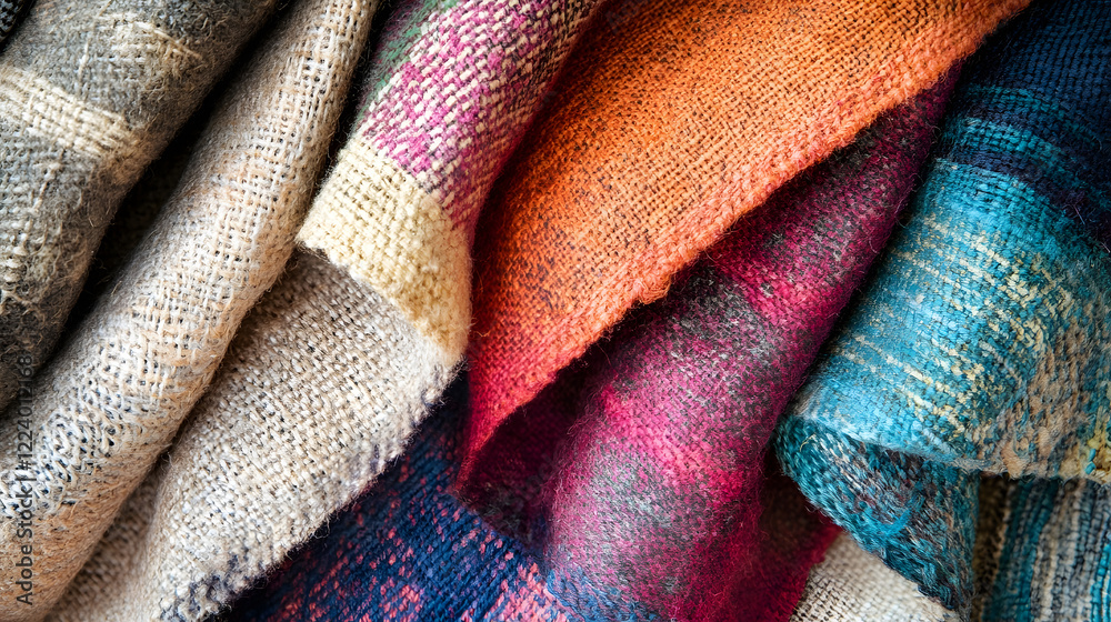 Poster close-up of colorful textured fabrics for cozy style and warmth : generative ai