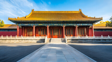 Fototapeta premium Stunning Symmetrical View of Traditional Asian Temple Under Blue Sky : Generative AI