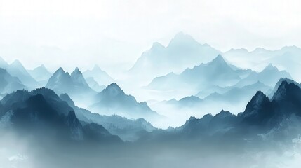 serene, mist-covered mountain range, highlighting the tranquil beauty of the fog enveloping the peaks