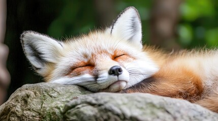 Red fox sleeping peacefully on a rock in a lush green forest. Use Calming nature imagery