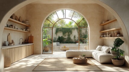 Serene Minimalist Living Room with Arch Window and Lush Garden View