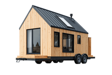 Modern tiny house on wheels made of wood with large windows, offering a cozy and sustainable living option for minimalists and travelers.