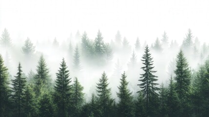 serene evergreen forest scene, featuring mist gently drifting among the trees for a calm and peaceful landscape