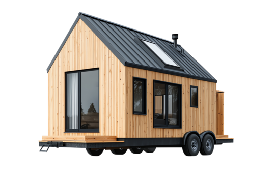 Modern tiny house on wheels made of wood with large windows, offering a cozy and sustainable living option for minimalists and travelers.