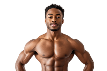 Portrait of a confident athletic man showcasing his muscular physique, standing against a white isolated background.
