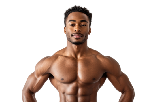 Portrait of a confident athletic man showcasing his muscular physique, standing against a white isolated background. - Powered by Adobe