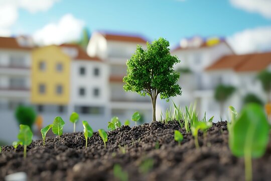 Miniature model of a house with a tree on a green background