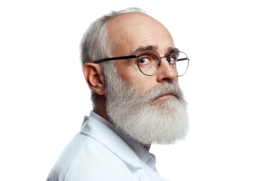 Profile of an elderly man with glasses and a white beard, looking thoughtfully to the side, isolated on a white background.