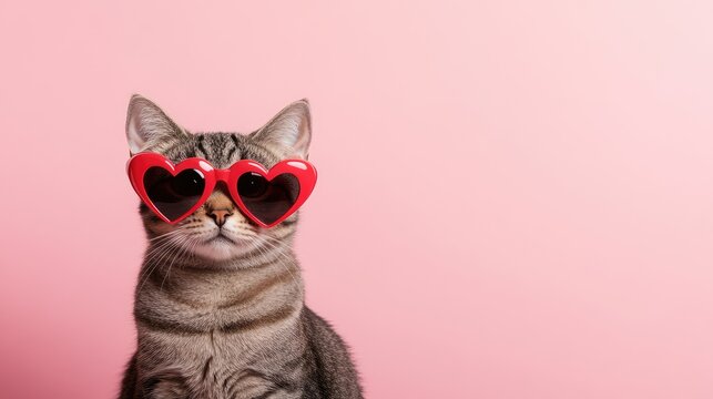 A charming tabby cat wearing red heart-shaped sunglasses poses against a soft pink background, creating a playful and endearing scene, perfect for Valentine’s Day or lighthearted content
